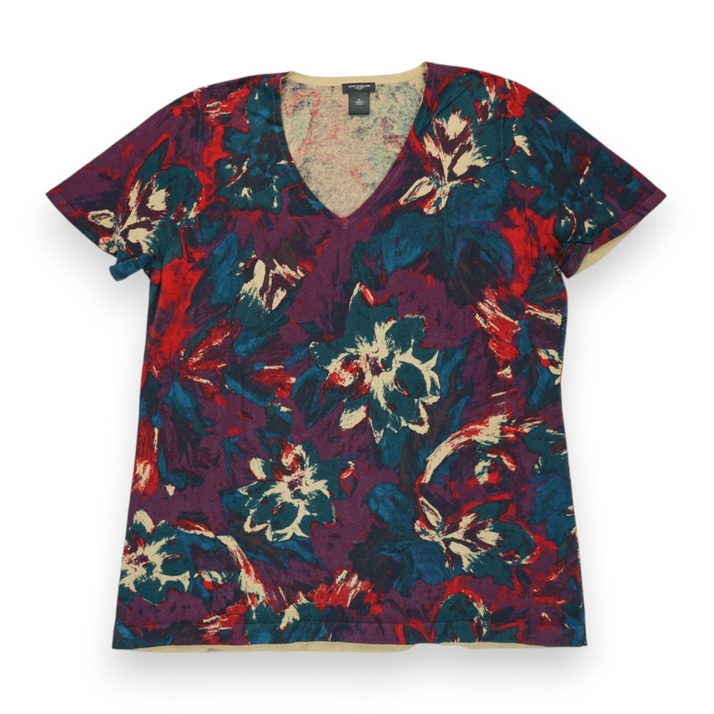 Ann Taylor Womens Multicolor T-Shirt Floral Short Sleeve V Neck Size XL
